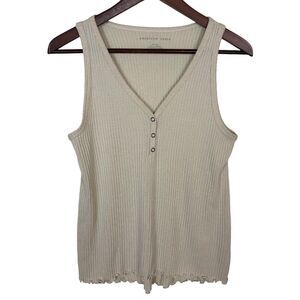 American Eagle Cream Ribbed V-Neck Soft Tank Top Lettuce Hem Women's Small